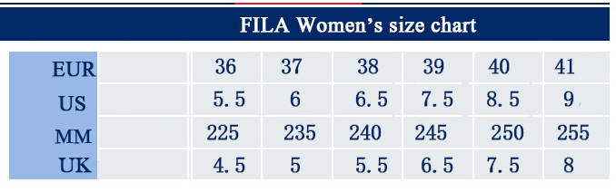 fila sneakers size chart