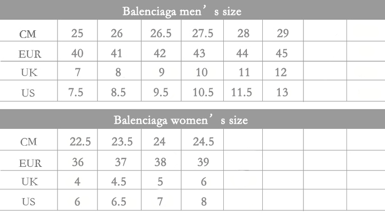 balenciaga triple s shoe size chart